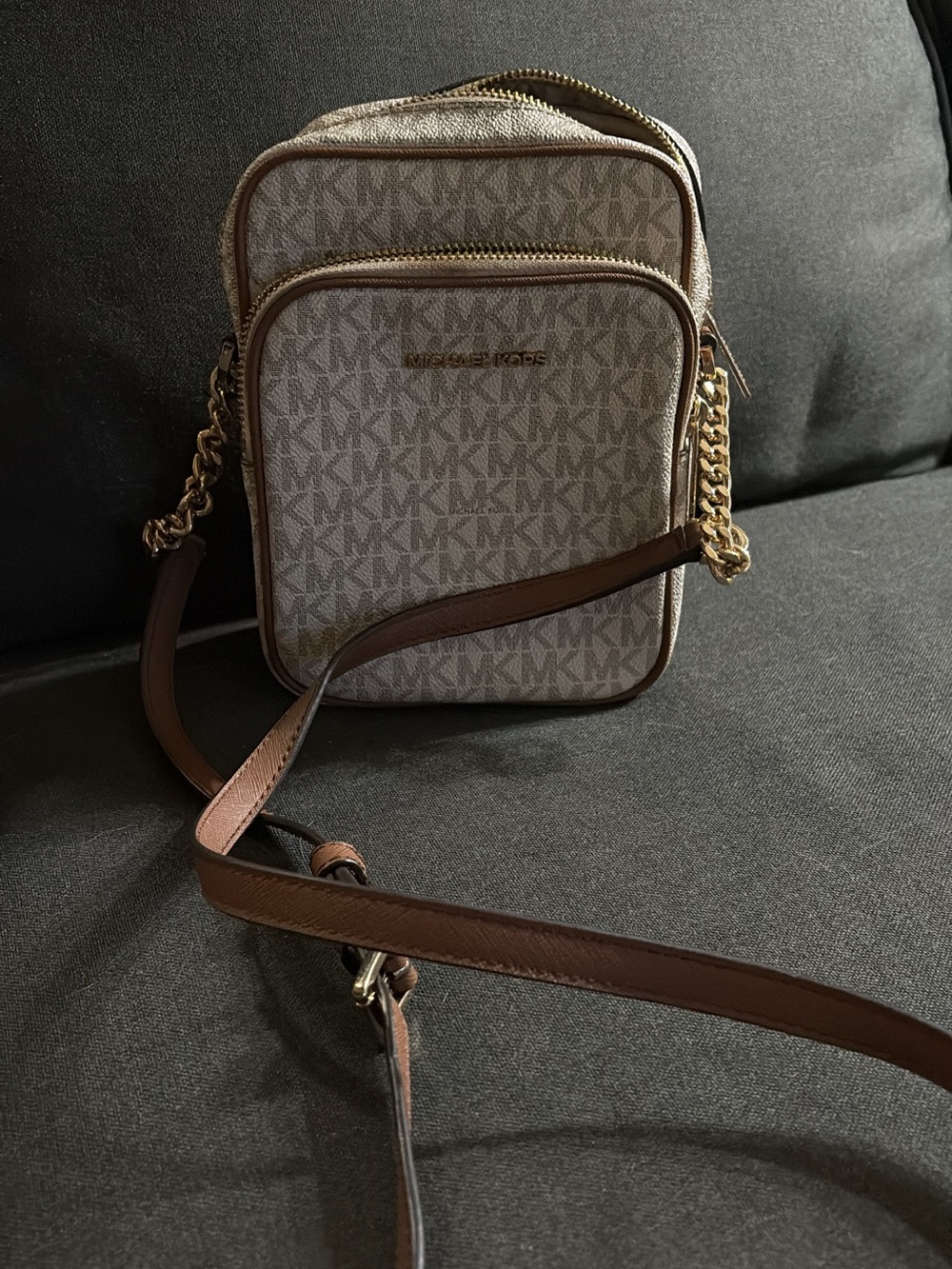 Michael Kors Beige/Tan Signature Monogram Messenger Bag